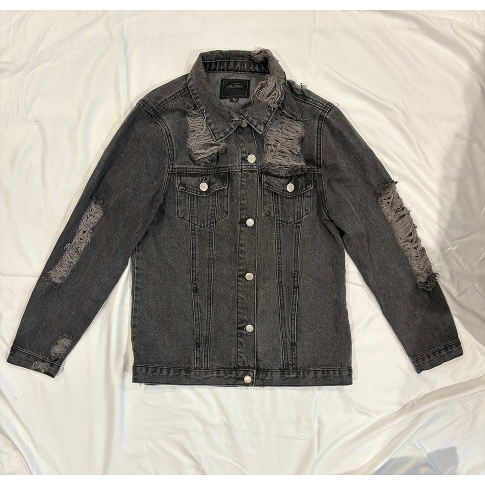 Miss London Jean Jacket Womens Medium Distressed Ripped Pockets Long Sleeve